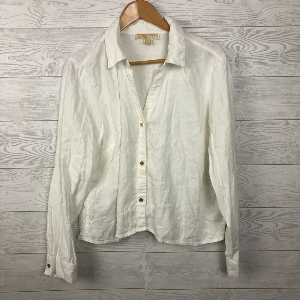 MICHAEL Michael Kors Women's XL Linen Blend Long Sleeve Button Front Shirt White